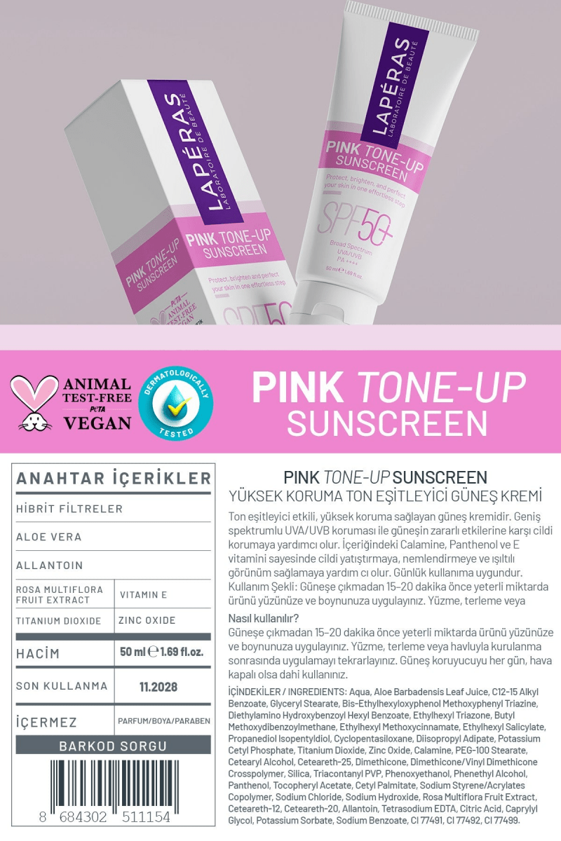 Aydınlatıcı Ton Eşitleyici Yüksek Koruma Spf 50+ Nemlendirici Makyaj Bazı Pembe Güneş Kremi 50ml - LAPÉRAS