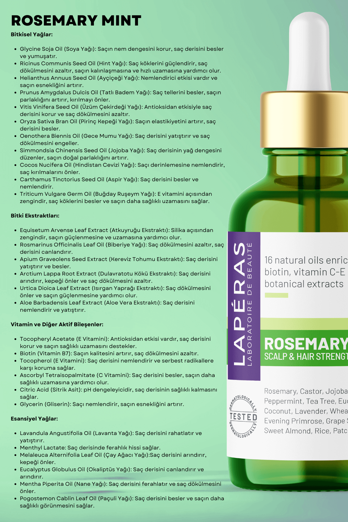 Doğal Biberiye Yağı Kompleksi Yıpranmış Dökülen Saçlara Hızlı Saç Uzatan Biotinli Vegan Saç Bakımı 50 ml - LAPÉRAS